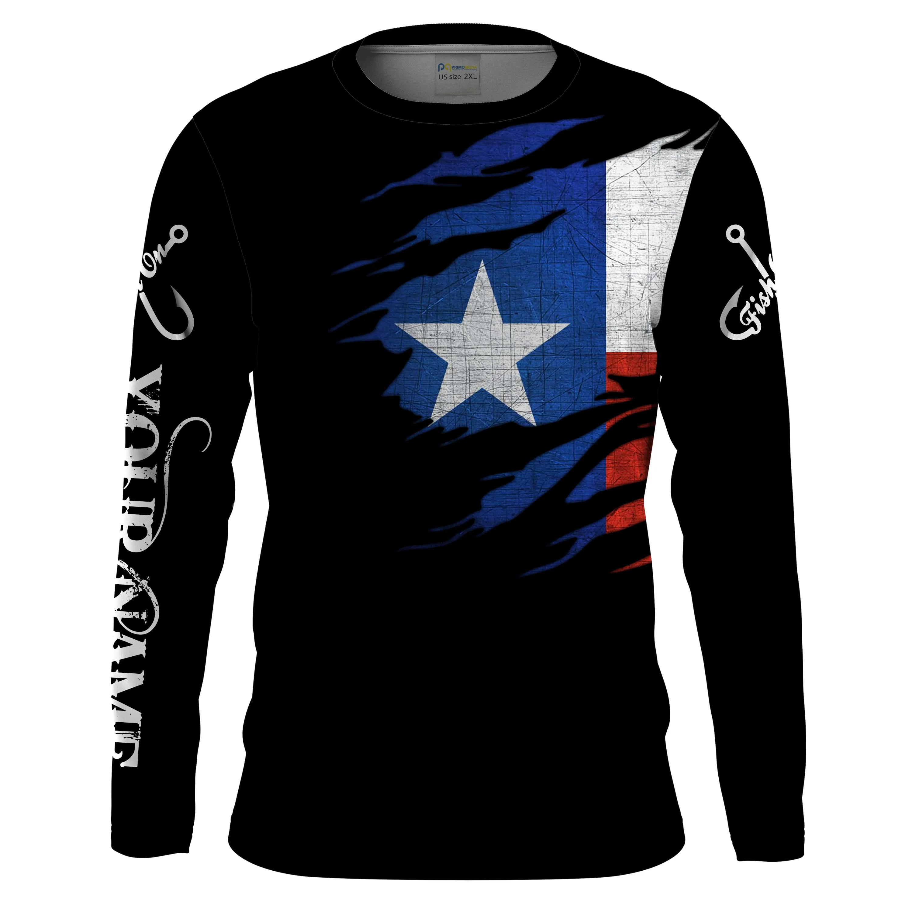 TX fishing fish on black Texas flag Custom Name long sleeves fishing shirt for men NPQ73