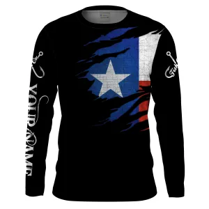 TX fishing fish on black Texas flag Custom Name long sleeves fishing shirt for men NPQ73