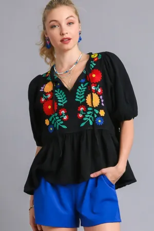 Umgee Full Size Cotton Gauze Floral Embroidery Babydoll Blouse Plus Size