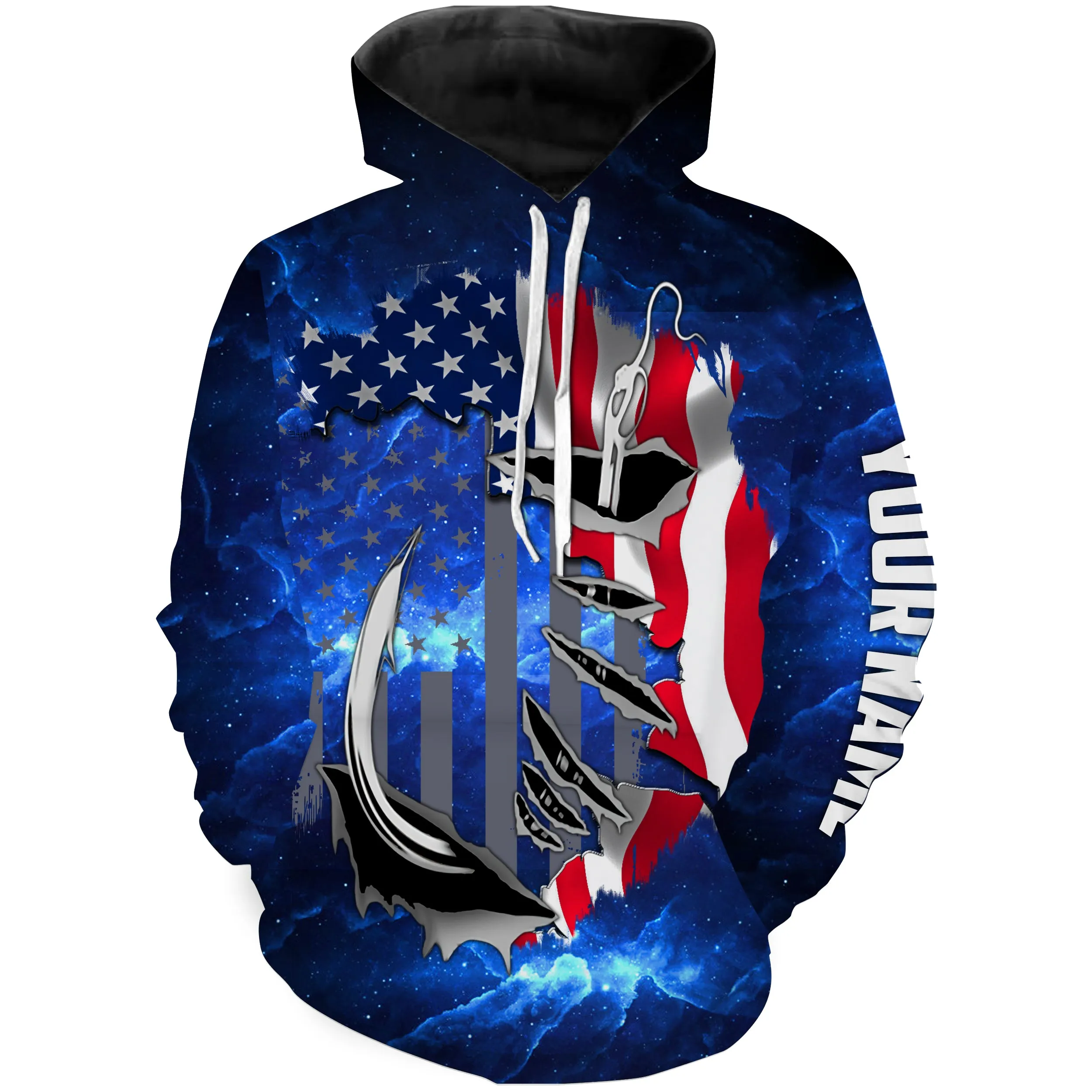 US Fishing Fish Hook American Flag blue Universe patriotic Custom name fishing jerseys  | Hoodie - NPQ855