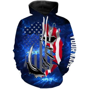 US Fishing Fish Hook American Flag blue Universe patriotic Custom name fishing jerseys  | Hoodie - NPQ855