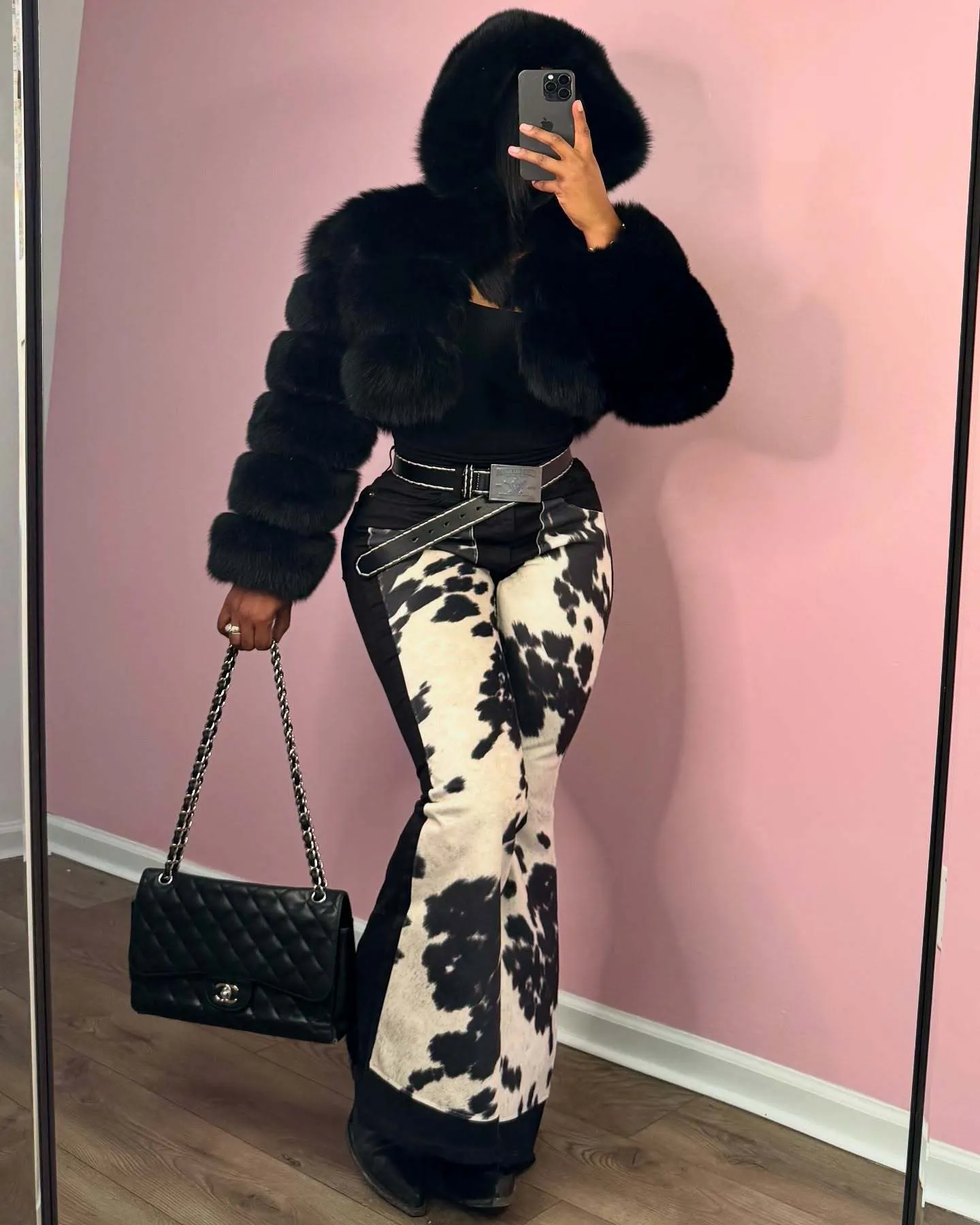 Vintage-Inspired Cow Print Patchwork Bell Bottom Jeans