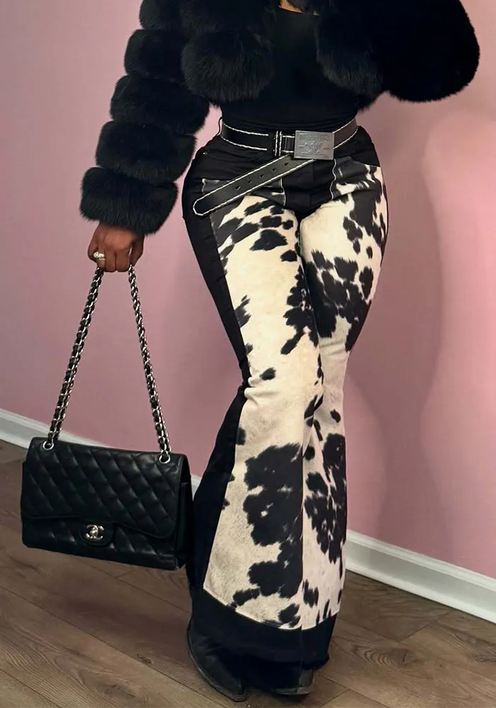 Vintage-Inspired Cow Print Patchwork Bell Bottom Jeans