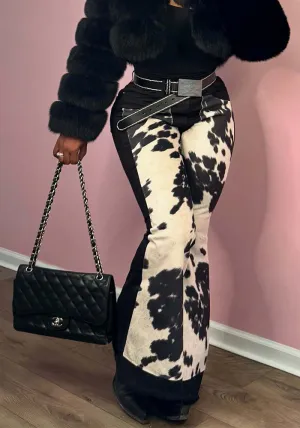 Vintage-Inspired Cow Print Patchwork Bell Bottom Jeans