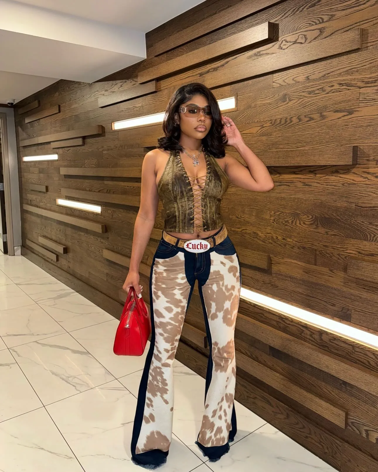 Vintage-Inspired Cow Print Patchwork Bell Bottom Jeans