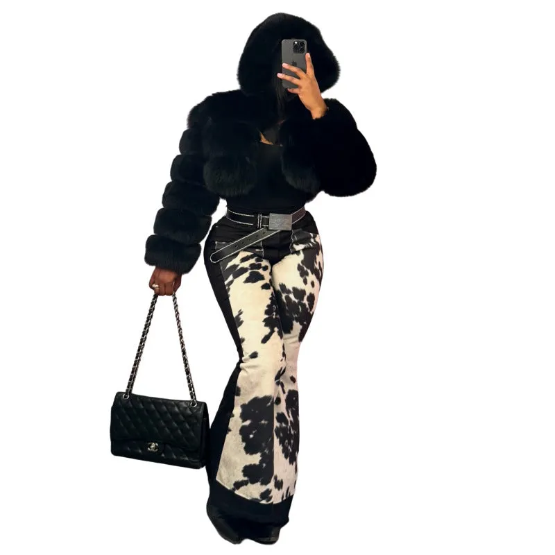 Vintage-Inspired Cow Print Patchwork Bell Bottom Jeans