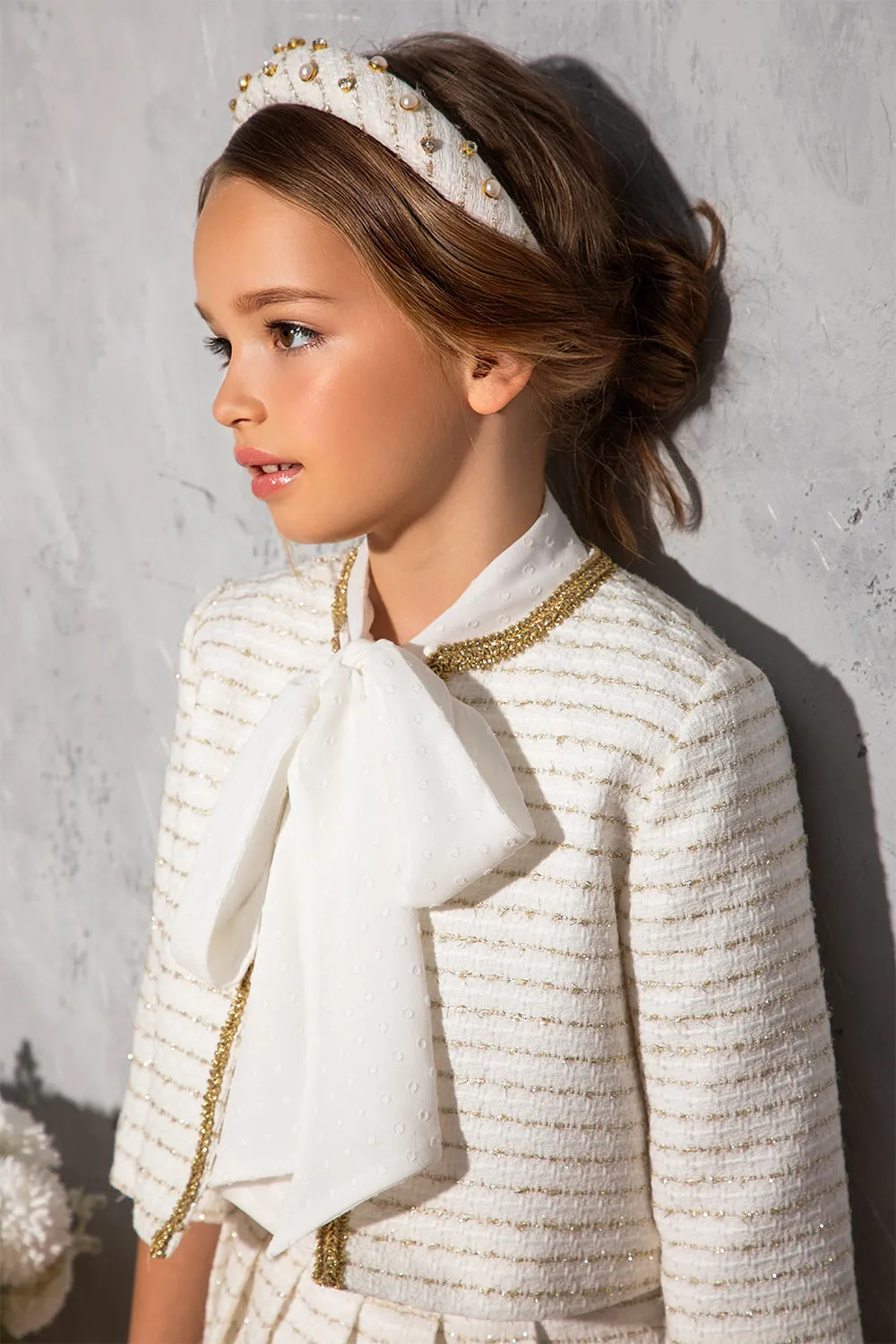White chiffon shirt with structured dots, pussy bow and camisole