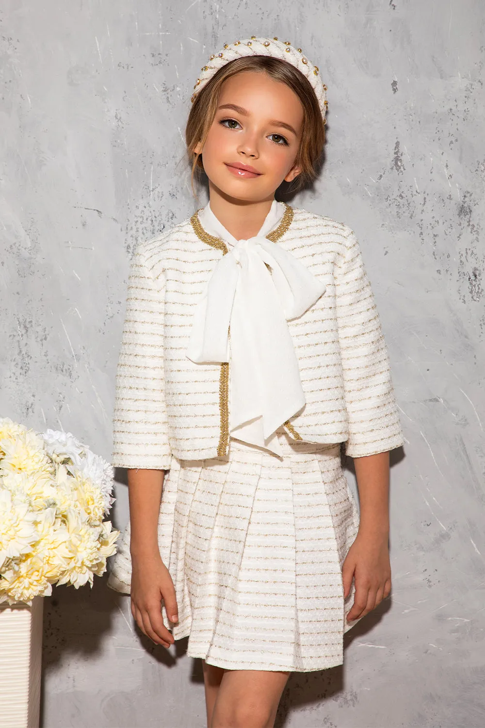 White chiffon shirt with structured dots, pussy bow and camisole