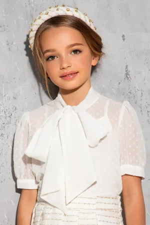 White chiffon shirt with structured dots, pussy bow and camisole