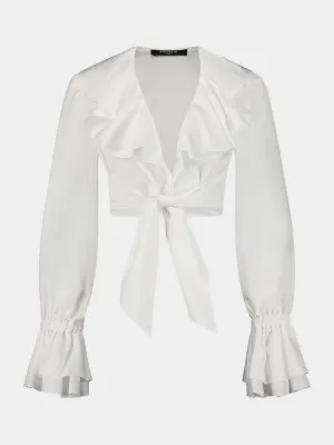 White Cropped Ruffled Poplin Shirt