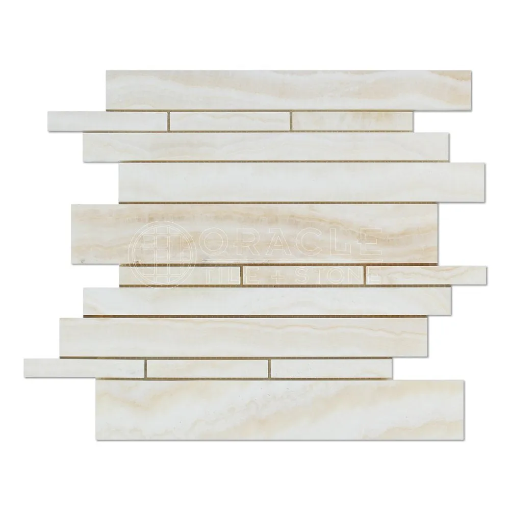 White Onyx Random Strip Mosaic Tile, Cross-Cut, Polished - Lot of 50 Sheets