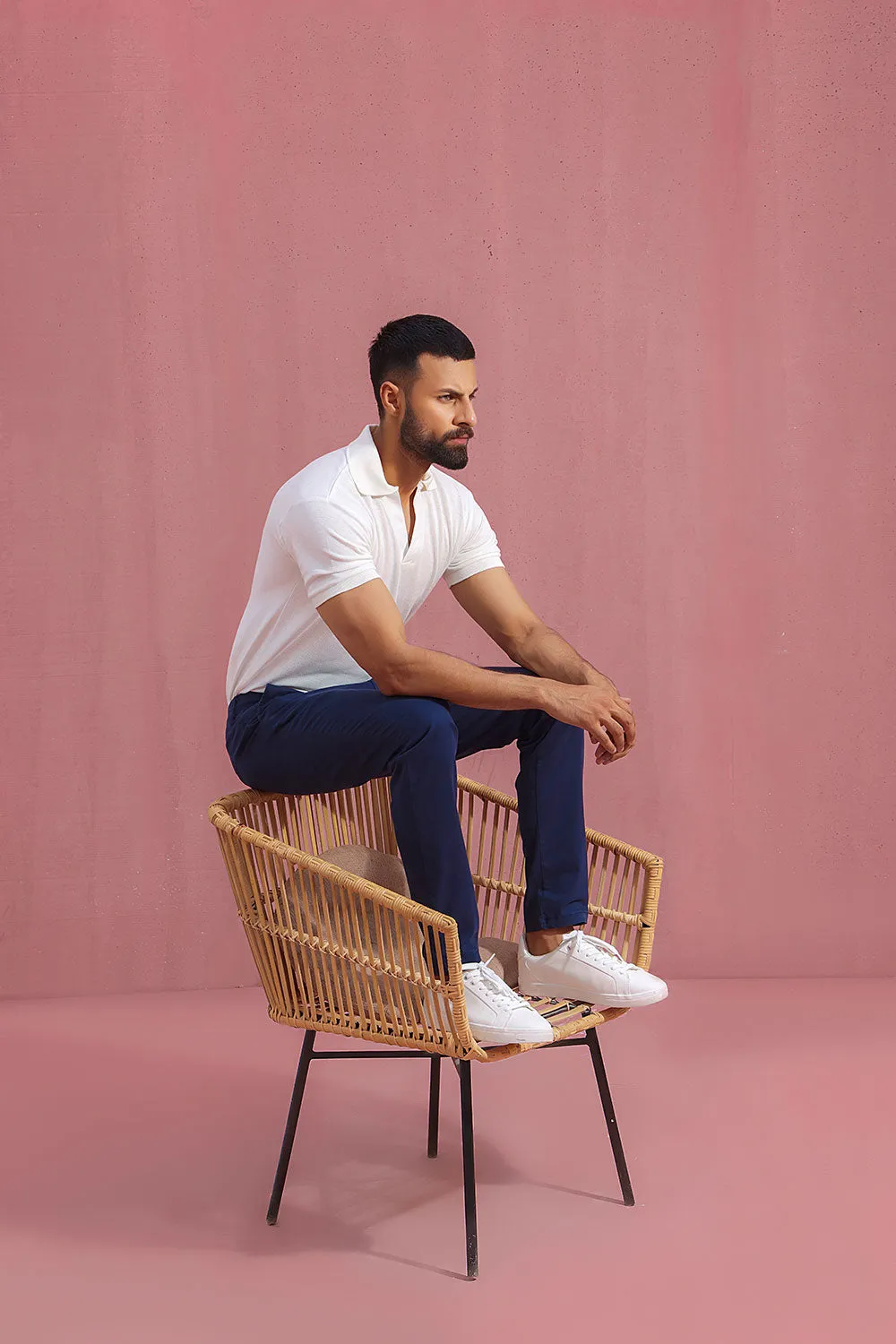 White Open Collar Structured Pique Polo Shirt