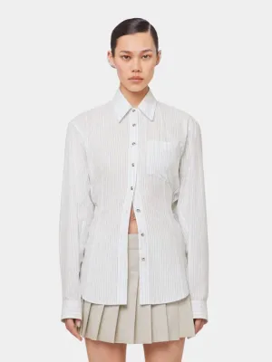 White Striped Cotton Poplin Shirt with Belt Detail
