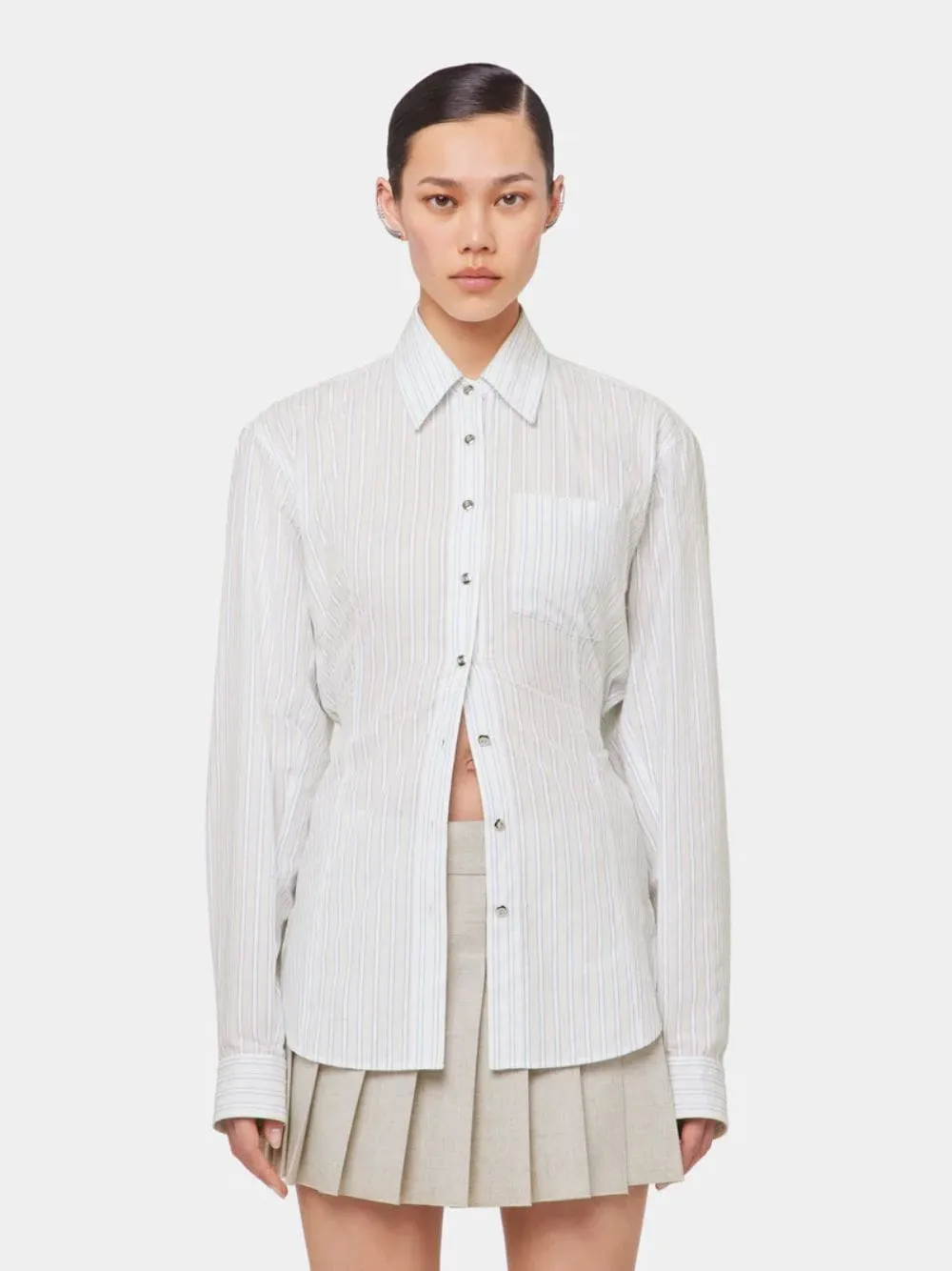 White Striped Cotton Poplin Shirt with Belt Detail
