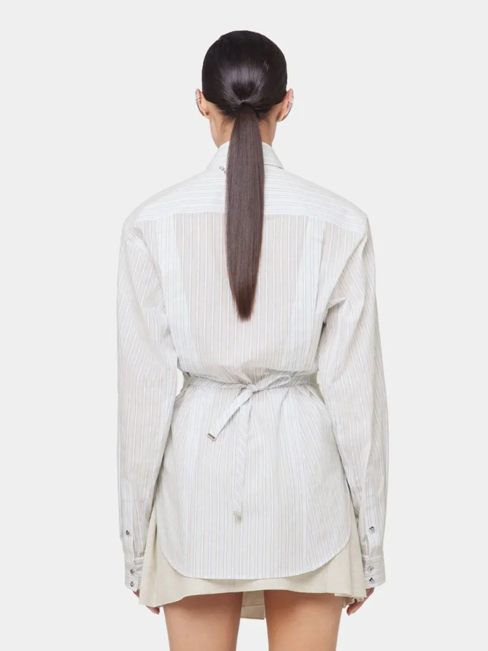 White Striped Cotton Poplin Shirt with Belt Detail