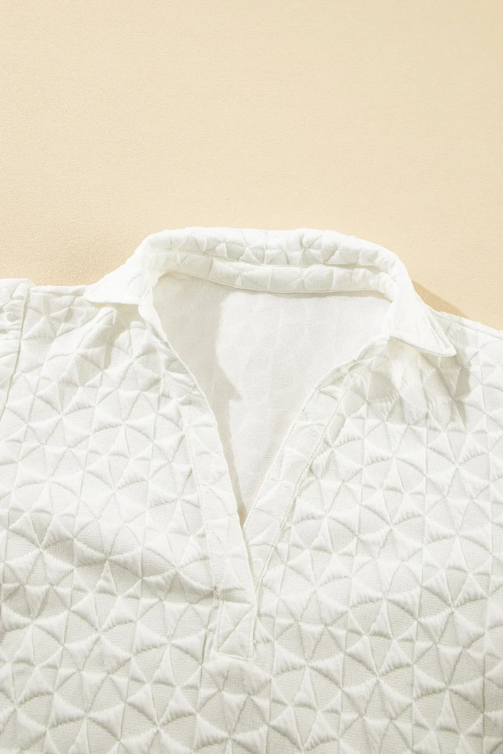 White Textured Puff Half Sleeve Collared V Neck Top