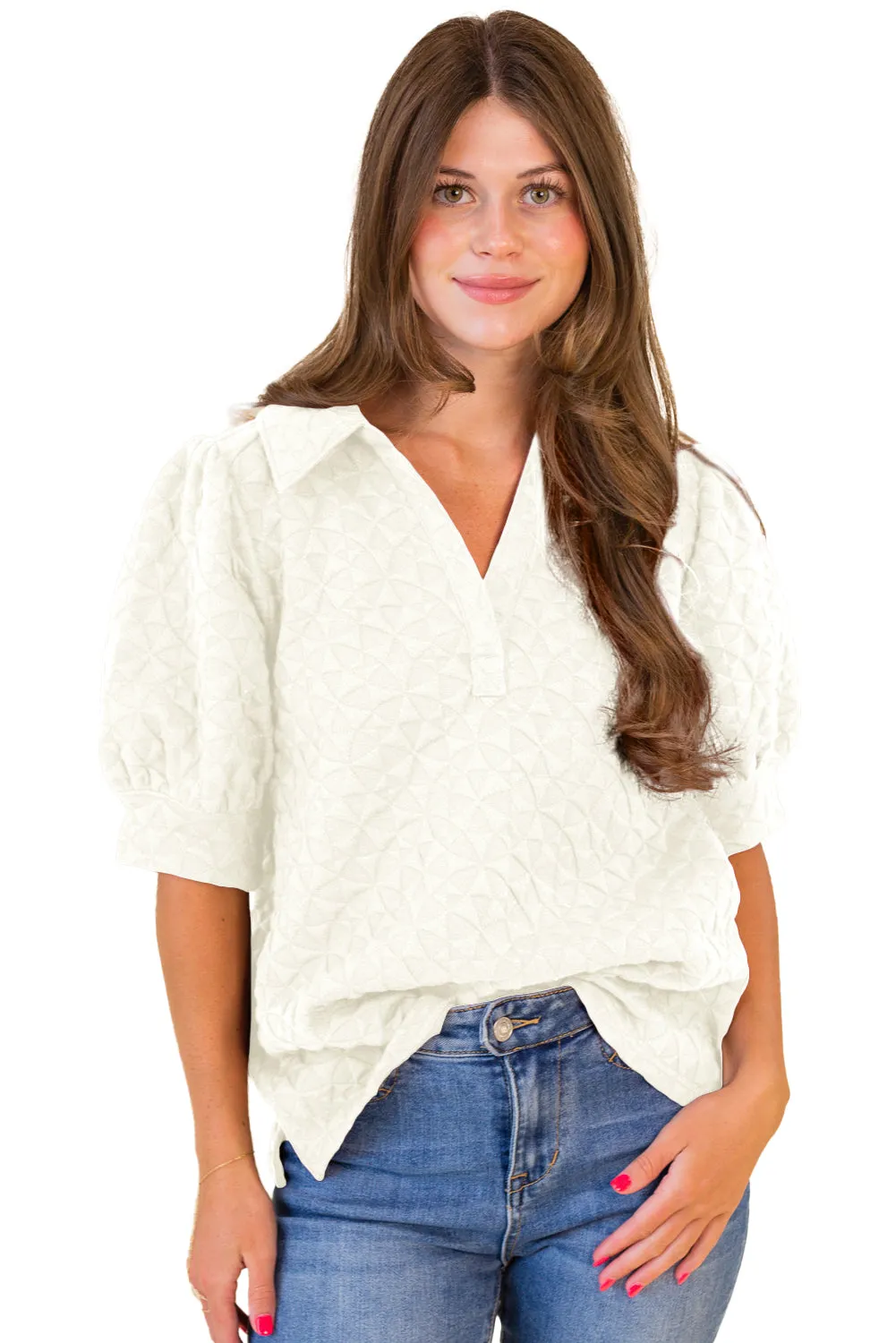 White Textured Puff Half Sleeve Collared V Neck Top