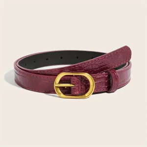 Wine Red Crocodile PU Belt w/ Metal Buckle for Jeans & Casual Wear