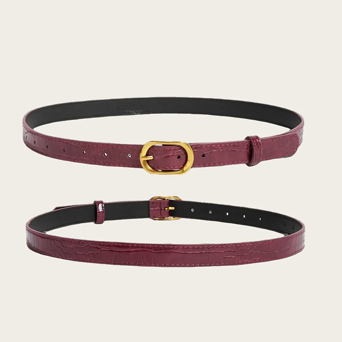 Wine Red Crocodile PU Belt w/ Metal Buckle for Jeans & Casual Wear