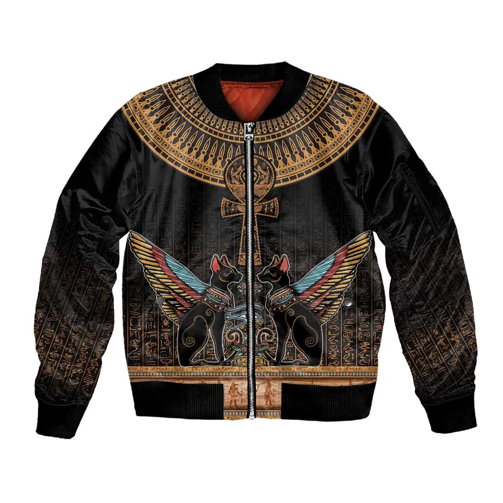 Winged Egypt Cats Sleeve Zip Bomber Jacket Hieroglyphs Alphabet Pattern LT18