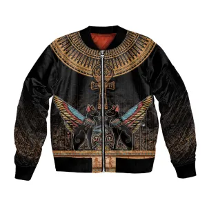 Winged Egypt Cats Sleeve Zip Bomber Jacket Hieroglyphs Alphabet Pattern LT18