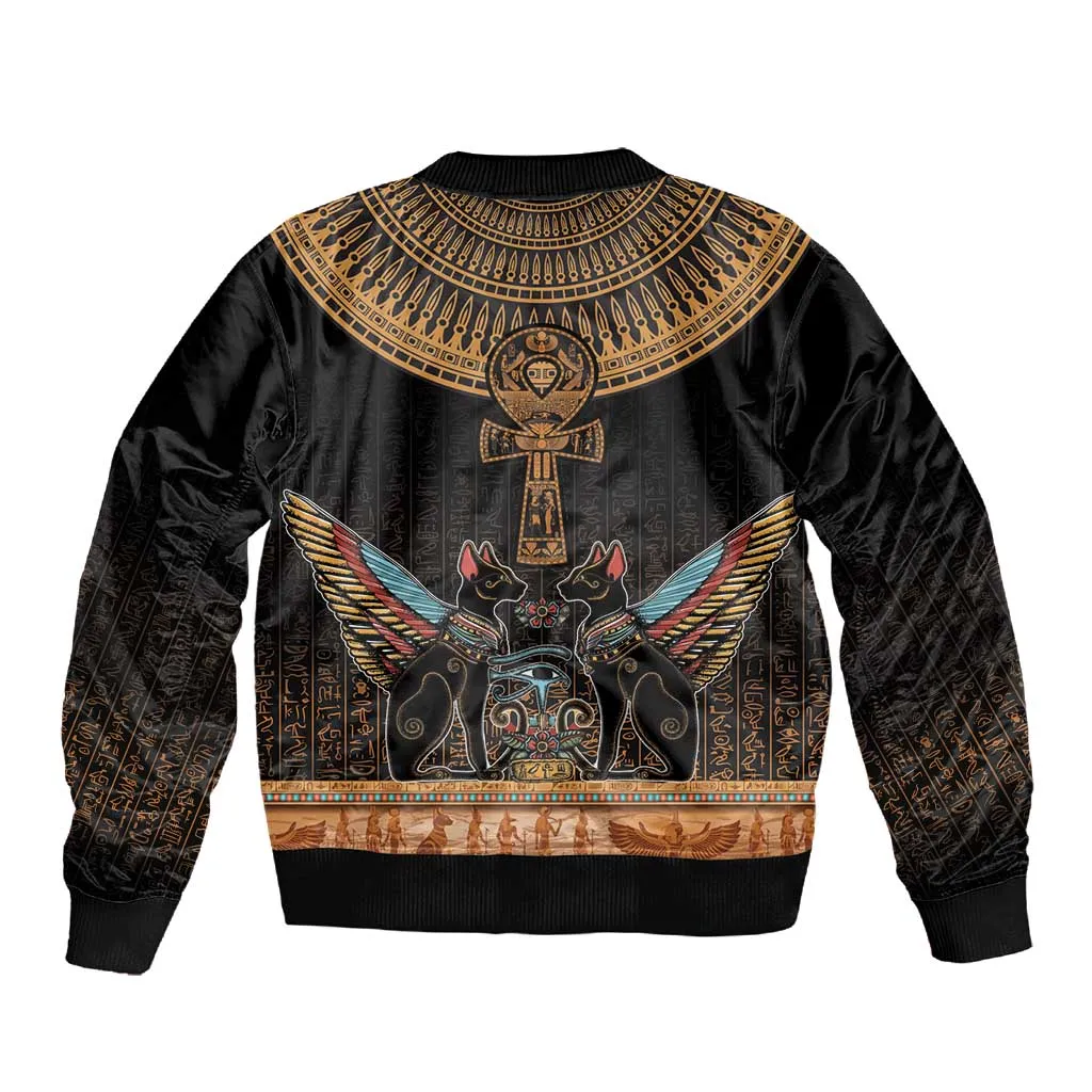Winged Egypt Cats Sleeve Zip Bomber Jacket Hieroglyphs Alphabet Pattern LT18
