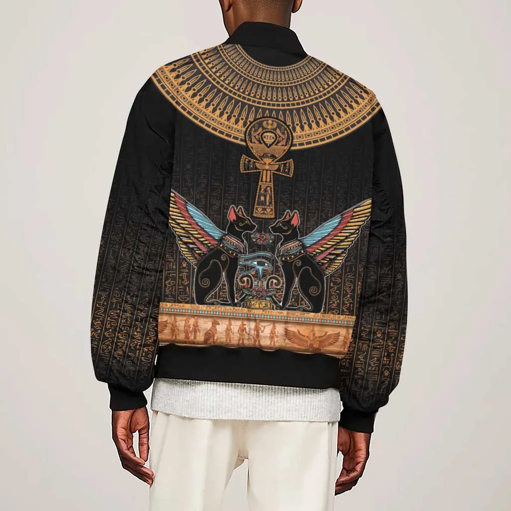 Winged Egypt Cats Sleeve Zip Bomber Jacket Hieroglyphs Alphabet Pattern LT18