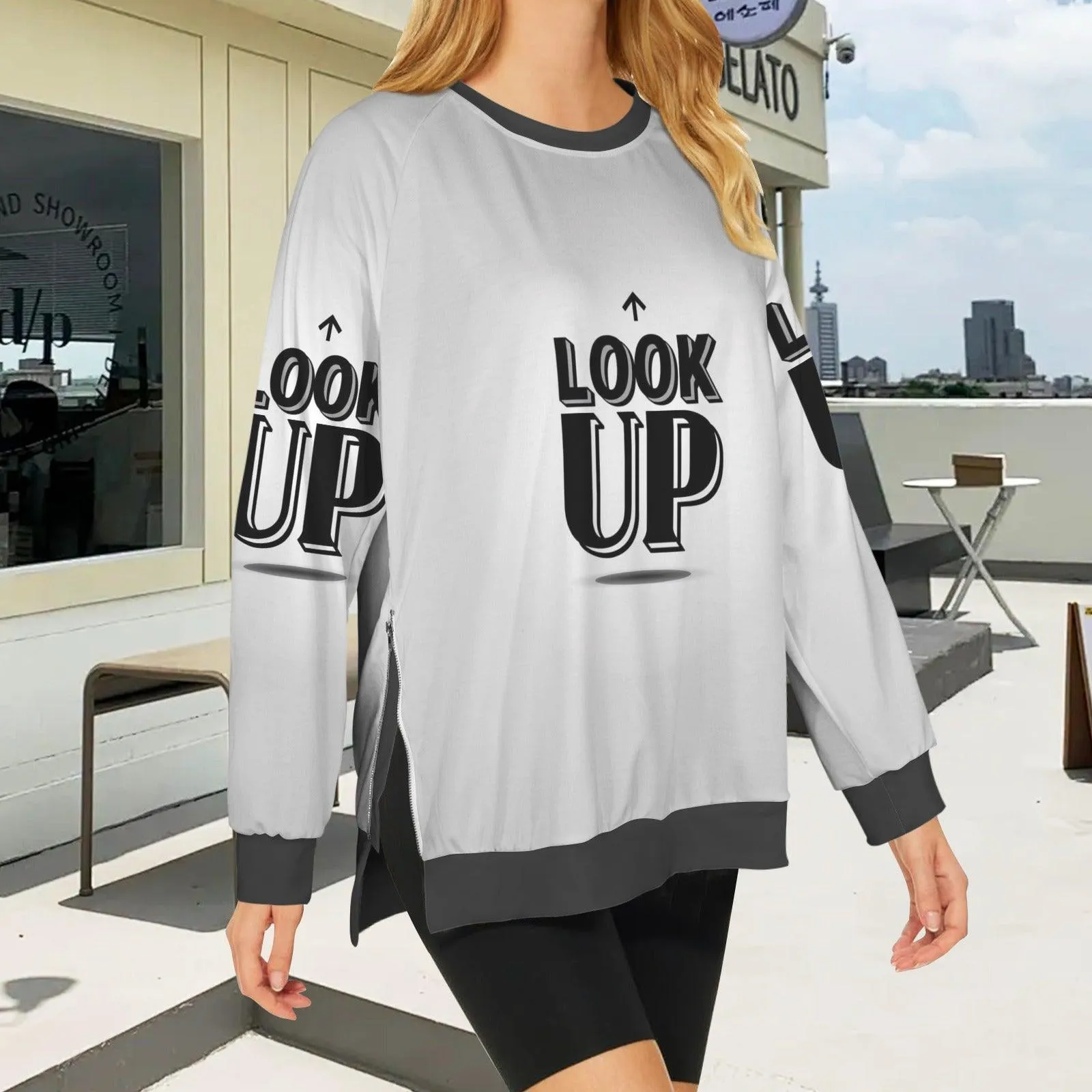 Women's Crew Neck Long Sleeve Side Zipper Sweatshirt