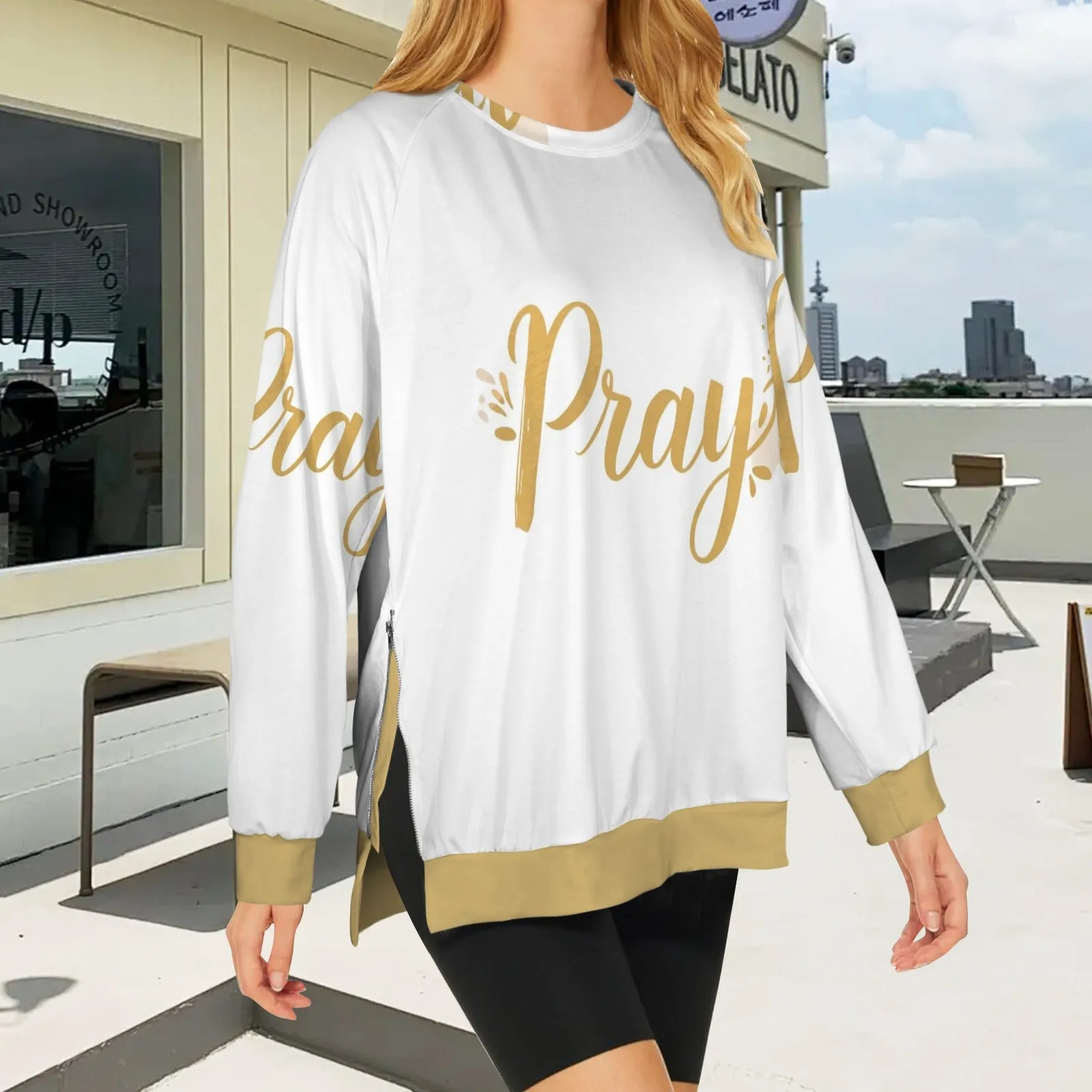 Women's Crew Neck Long Sleeve Side Zipper Sweatshirt