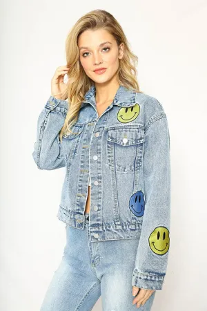 Women's Embroidered Smiling Face Denim Jacket
