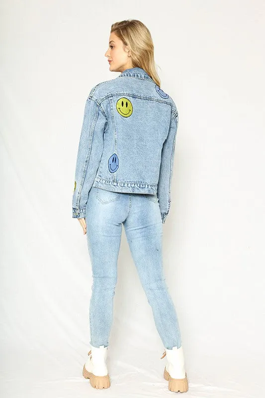 Women's Embroidered Smiling Face Denim Jacket