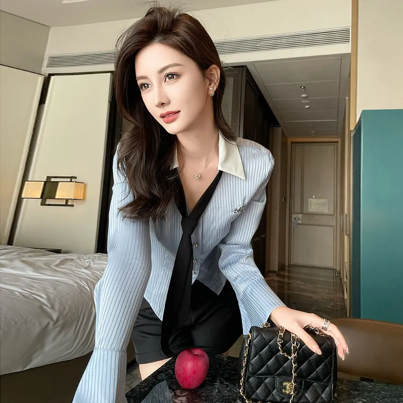 Women's Fashionable Striped Dress Shirt with a Cropped Fit and Waist Accent