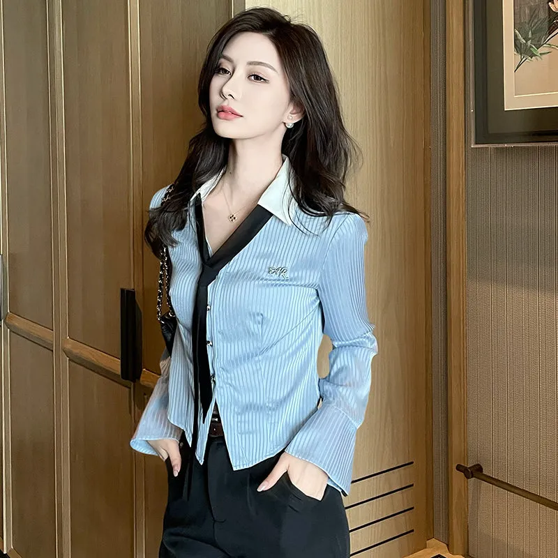 Women's Fashionable Striped Dress Shirt with a Cropped Fit and Waist Accent