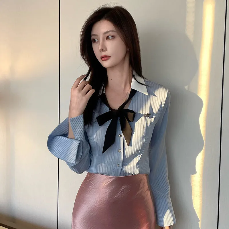 Women's Fashionable Striped Dress Shirt with a Cropped Fit and Waist Accent