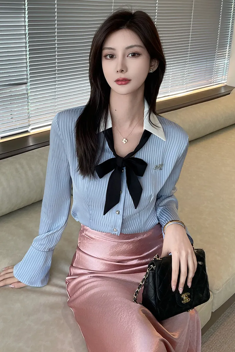 Women's Fashionable Striped Dress Shirt with a Cropped Fit and Waist Accent
