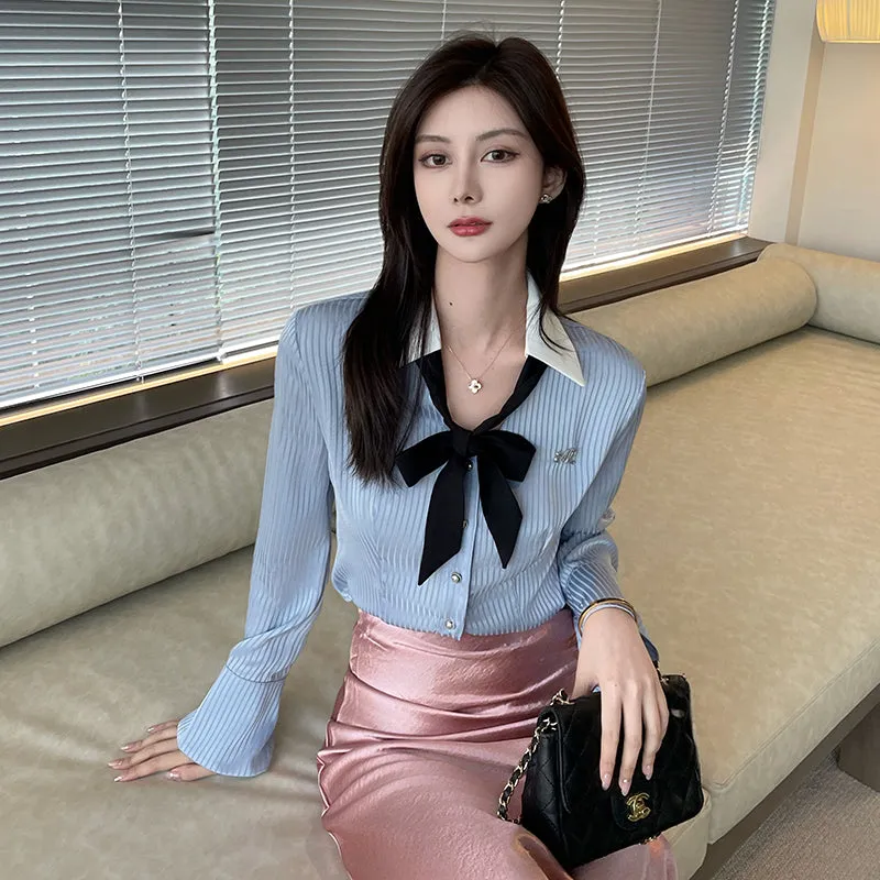 Women's Fashionable Striped Dress Shirt with a Cropped Fit and Waist Accent