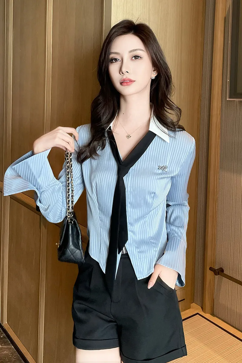 Women's Fashionable Striped Dress Shirt with a Cropped Fit and Waist Accent
