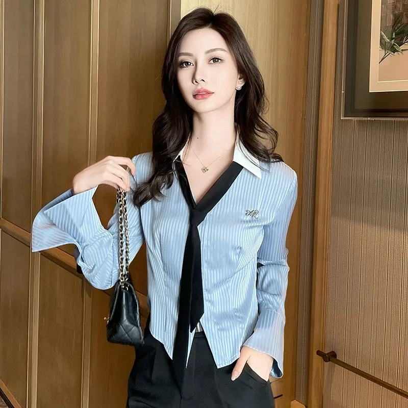Women's Fashionable Striped Dress Shirt with a Cropped Fit and Waist Accent