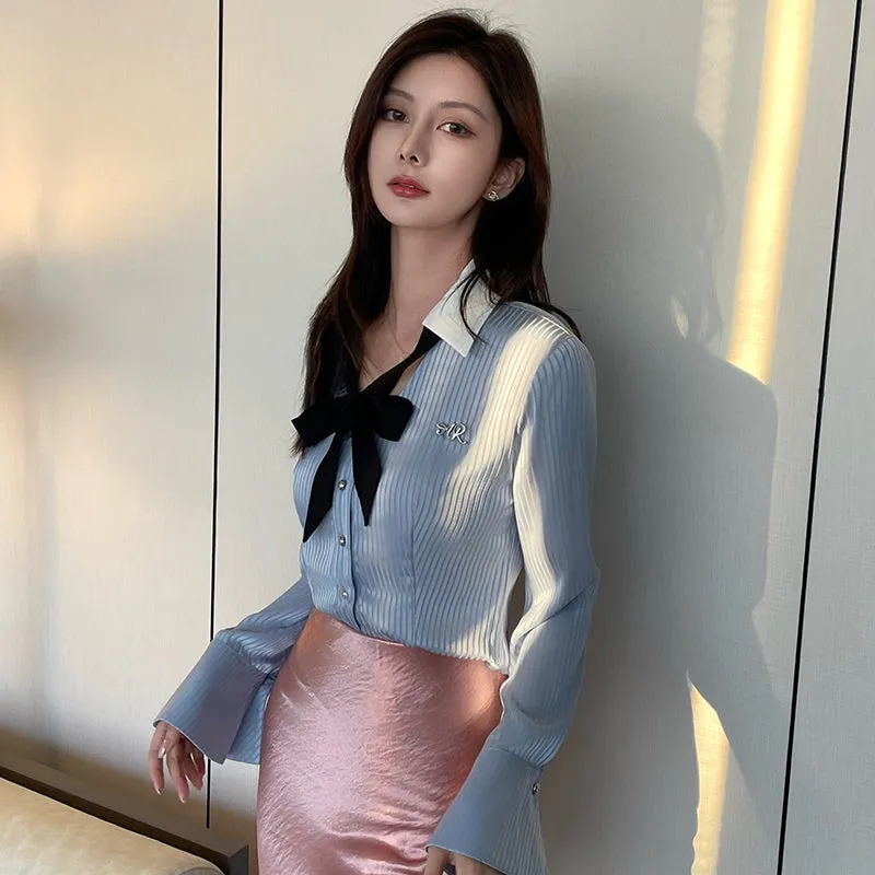 Women's Fashionable Striped Dress Shirt with a Cropped Fit and Waist Accent