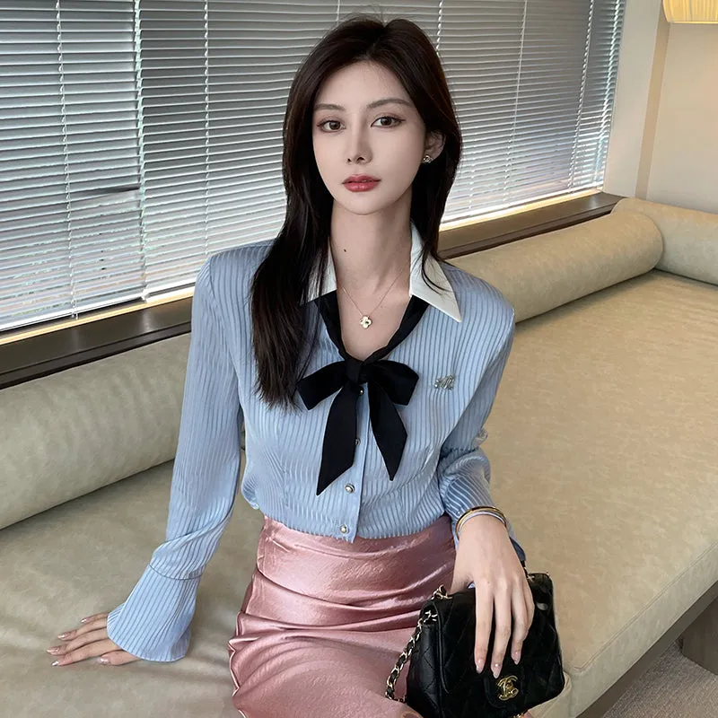 Women's Fashionable Striped Dress Shirt with a Cropped Fit and Waist Accent