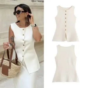 Women's Sleeveless Blazers Button Elegant Streetwear Solid Color