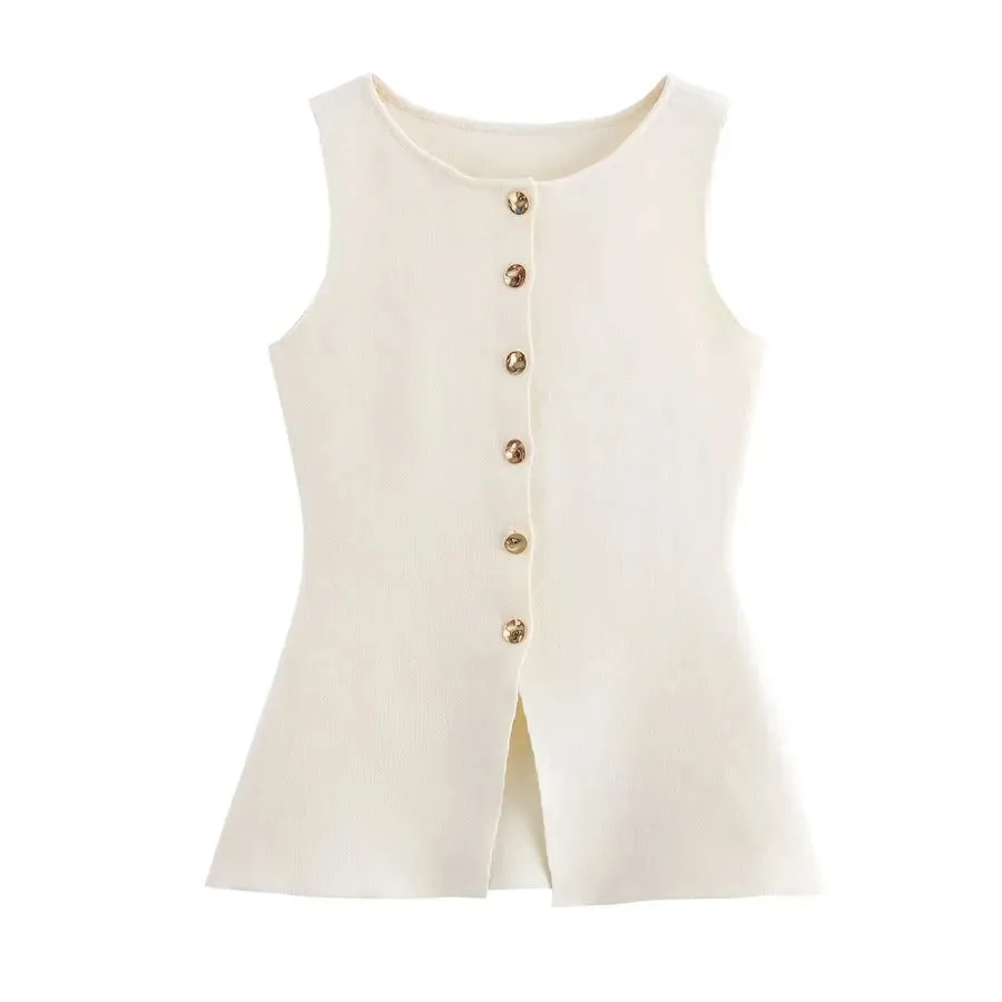 Women's Sleeveless Blazers Button Elegant Streetwear Solid Color