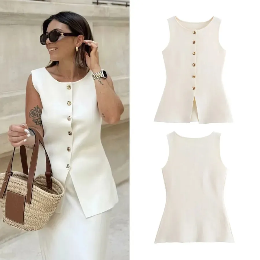 Women's Sleeveless Blazers Button Elegant Streetwear Solid Color