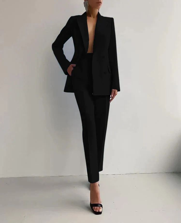Women's Tailored Pantsuit - Double-Breasted Blazer - Long Sleeve - Slim Fit - Two-Piece Formal Set