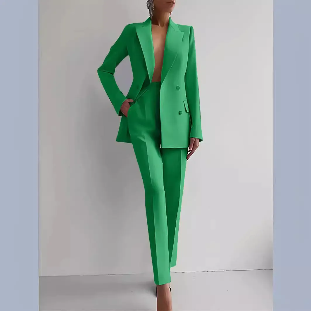 Women's Tailored Pantsuit - Double-Breasted Blazer - Long Sleeve - Slim Fit - Two-Piece Formal Set