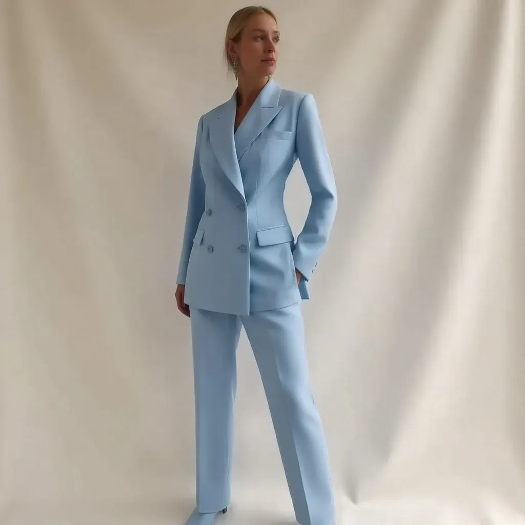 Women's Tailored Pantsuit - Double-Breasted Blazer - Long Sleeve - Slim Fit - Two-Piece Formal Set