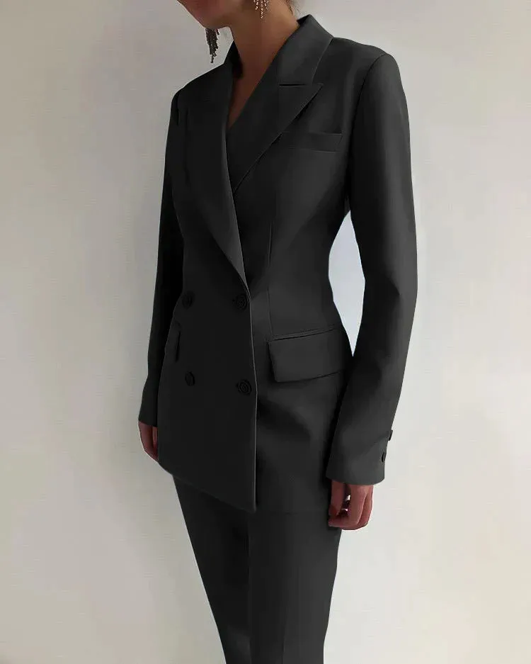 Women's Tailored Pantsuit - Double-Breasted Blazer - Long Sleeve - Slim Fit - Two-Piece Formal Set