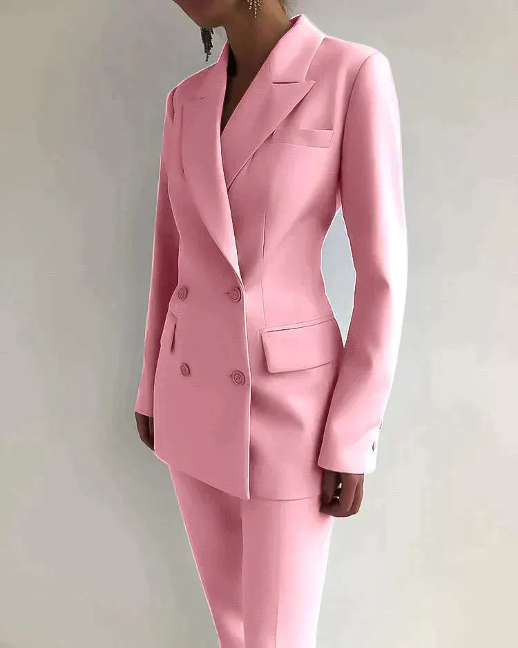 Women's Tailored Pantsuit - Double-Breasted Blazer - Long Sleeve - Slim Fit - Two-Piece Formal Set