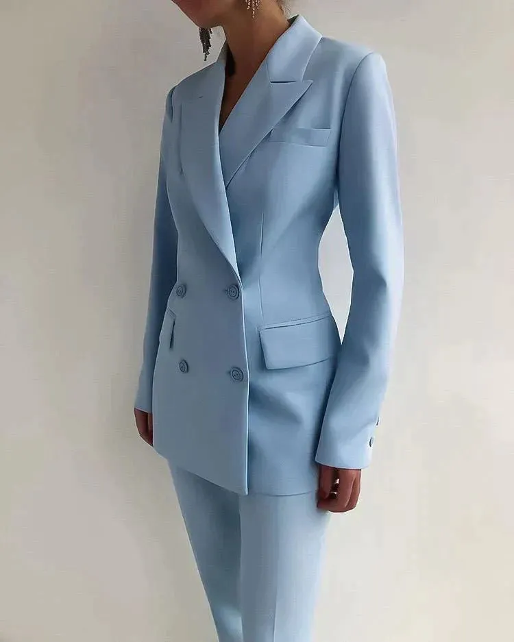 Women's Tailored Pantsuit - Double-Breasted Blazer - Long Sleeve - Slim Fit - Two-Piece Formal Set