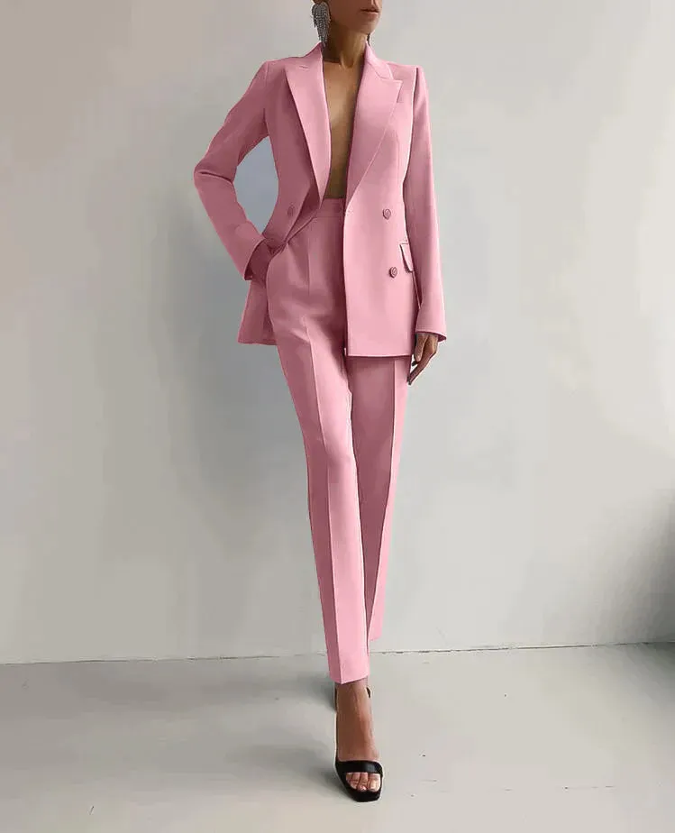 Women's Tailored Pantsuit - Double-Breasted Blazer - Long Sleeve - Slim Fit - Two-Piece Formal Set